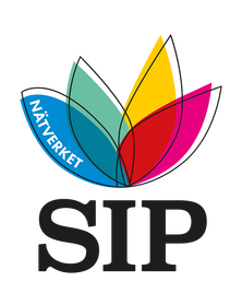 SIPs logotyp. Den har fyra blad i olika färger, det är ett blått, ett grönt, ett gult och ett lila blad